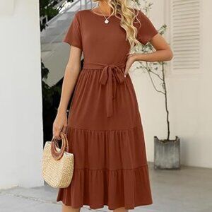 Women’s Fall Dresses Crew Neck Short Sleeve Loose Casual Tiered Midi Dress